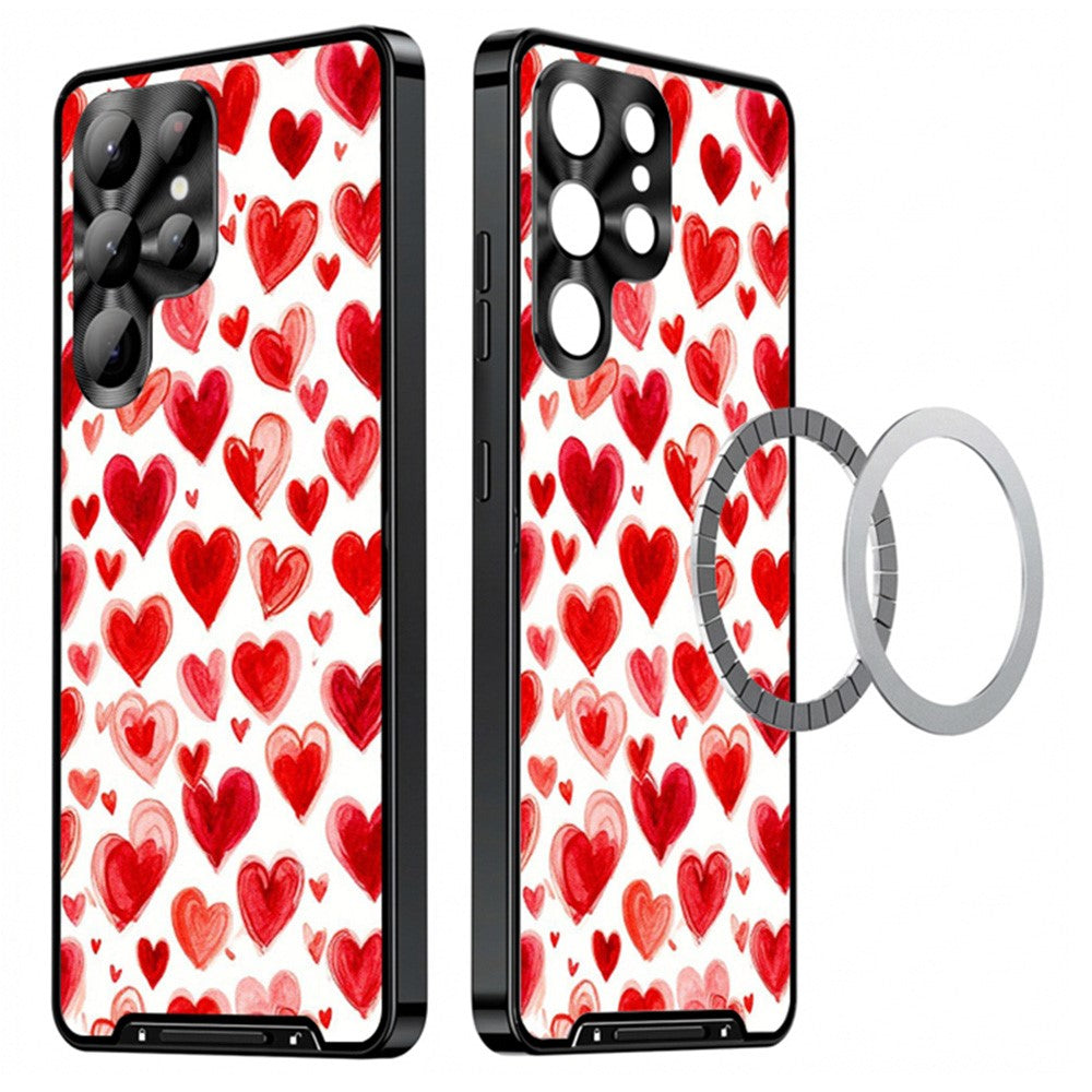 For Samsung Galaxy S25 Ultra Magnetic Case Heart Pattern PC + TPU Phone Cover with Lens Film