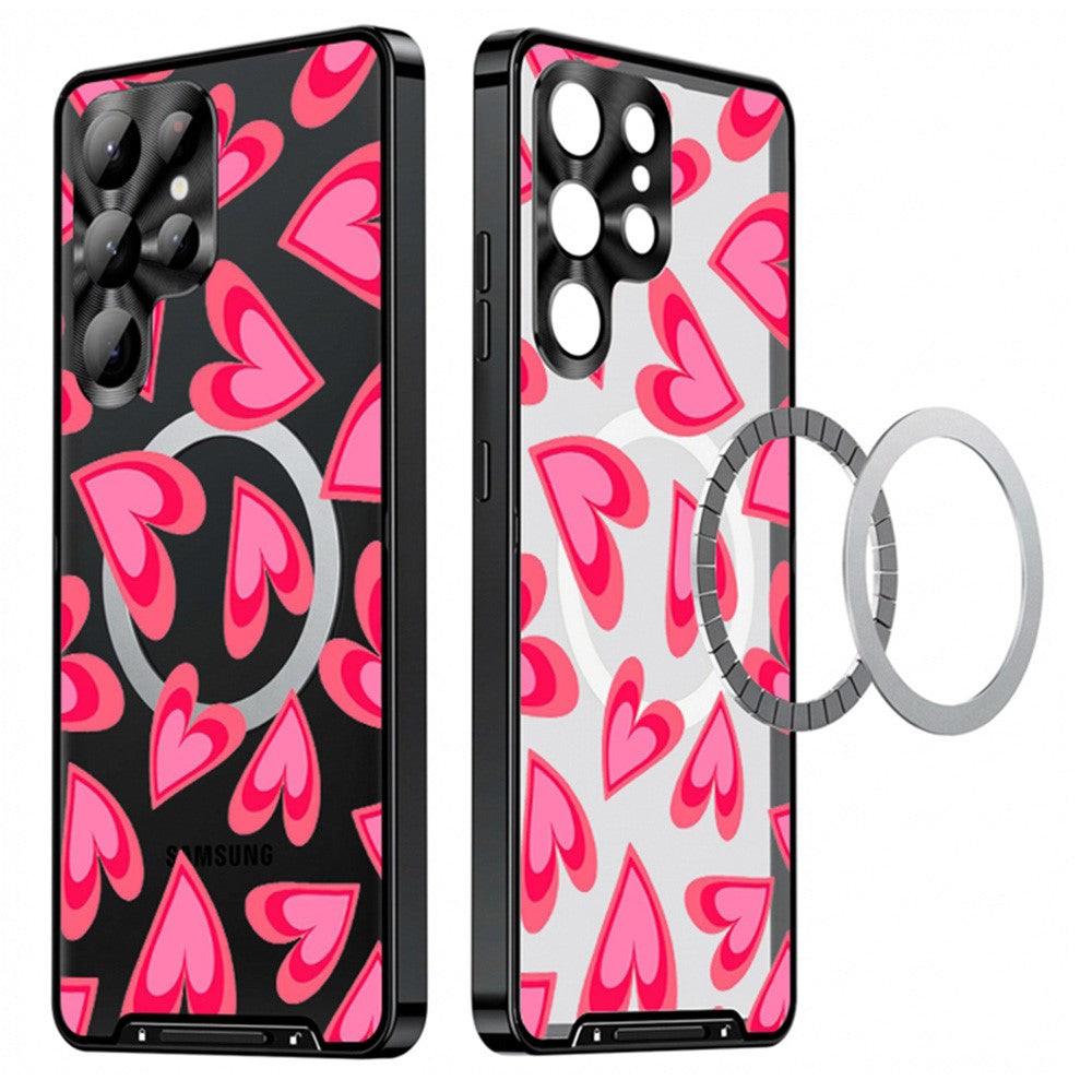 For Samsung Galaxy S25 Ultra Magnetic Case Heart Pattern PC + TPU Phone Cover with Lens Film