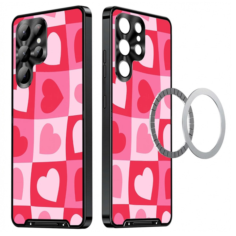 For Samsung Galaxy S25 Ultra Magnetic Case Heart Pattern PC + TPU Phone Cover with Lens Film