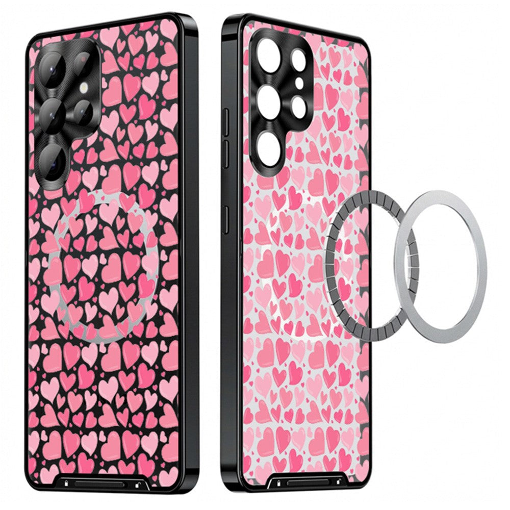 For Samsung Galaxy S25 Ultra Magnetic Case Heart Pattern PC + TPU Phone Cover with Lens Film
