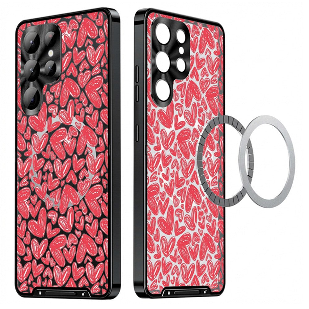 For Samsung Galaxy S25 Ultra Magnetic Case Heart Pattern PC + TPU Phone Cover with Lens Film