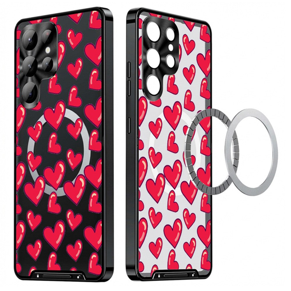 For Samsung Galaxy S25 Ultra Magnetic Case Heart Pattern PC + TPU Phone Cover with Lens Film
