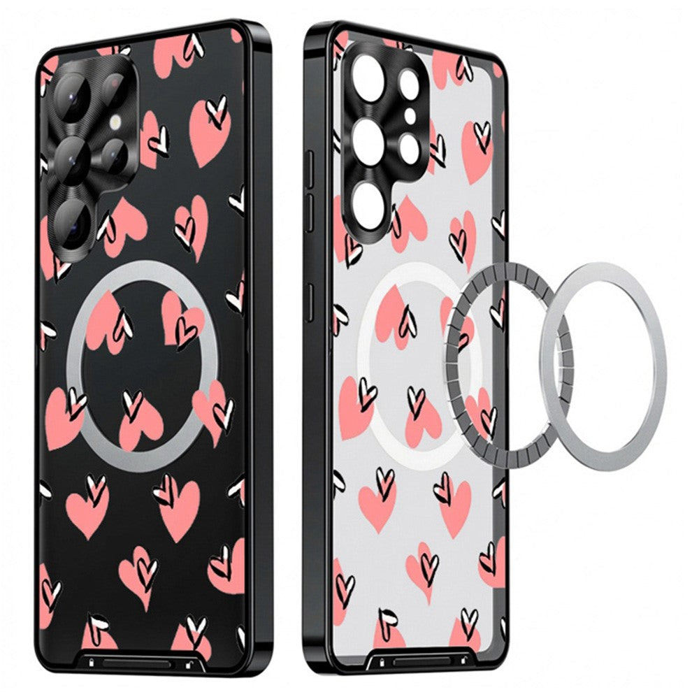 For Samsung Galaxy S25 Ultra Magnetic Case Heart Pattern PC + TPU Shockproof Phone Cover with Lens Film