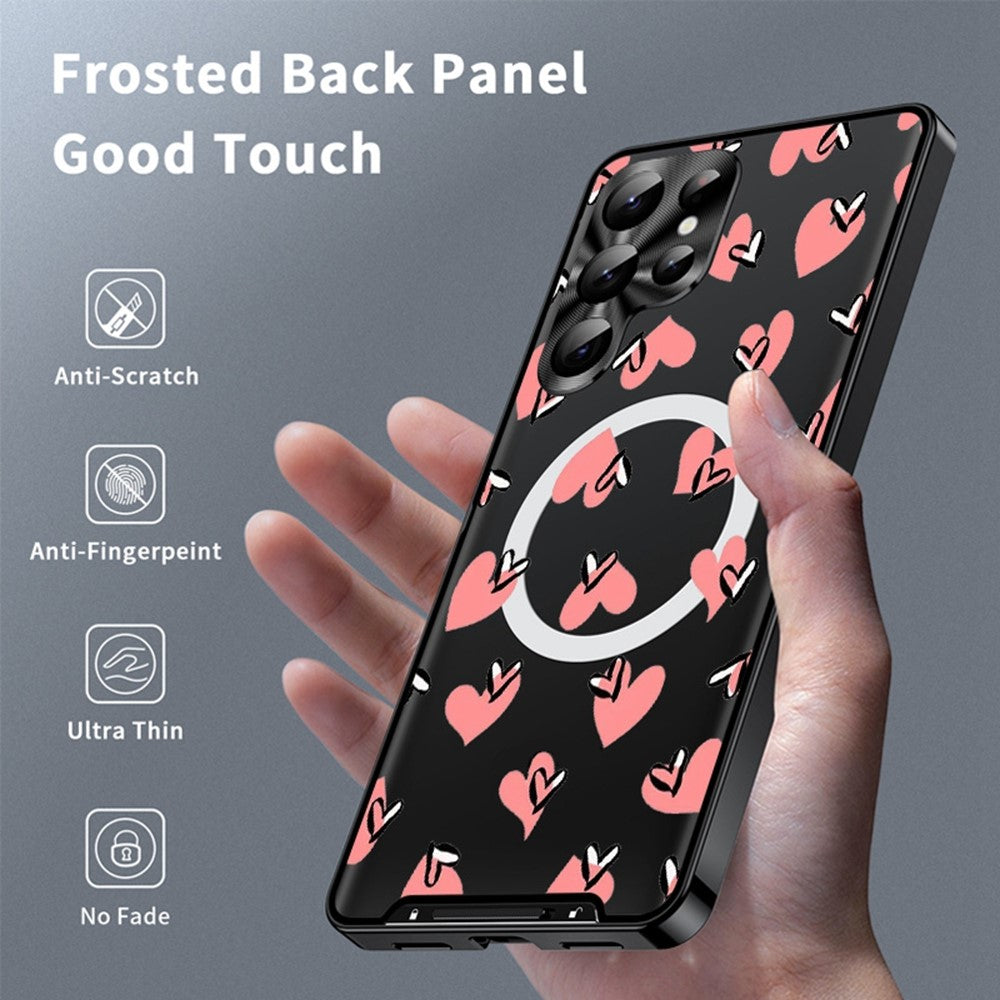 For Samsung Galaxy S25 Ultra Magnetic Case Heart Pattern PC + TPU Shockproof Phone Cover with Lens Film