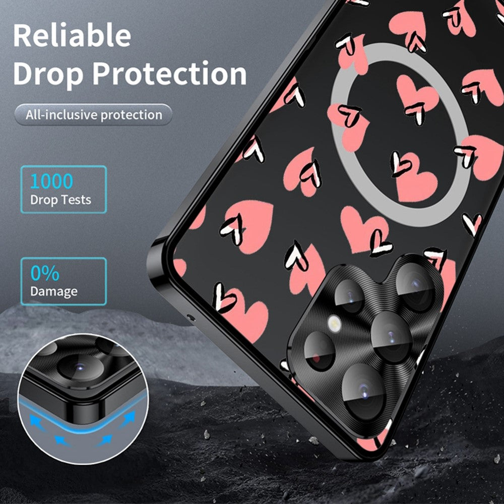 For Samsung Galaxy S25 Ultra Magnetic Case Heart Pattern PC + TPU Shockproof Phone Cover with Lens Film