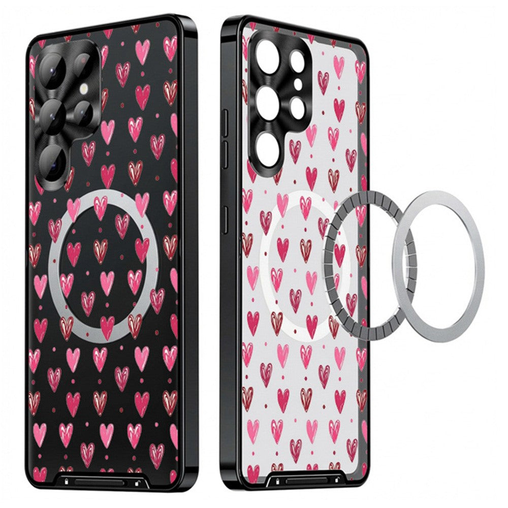 For Samsung Galaxy S25 Ultra Magnetic Case Heart Pattern PC + TPU Shockproof Phone Cover with Lens Film
