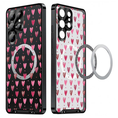 For Samsung Galaxy S25 Ultra Magnetic Case Heart Pattern PC + TPU Shockproof Phone Cover with Lens Film