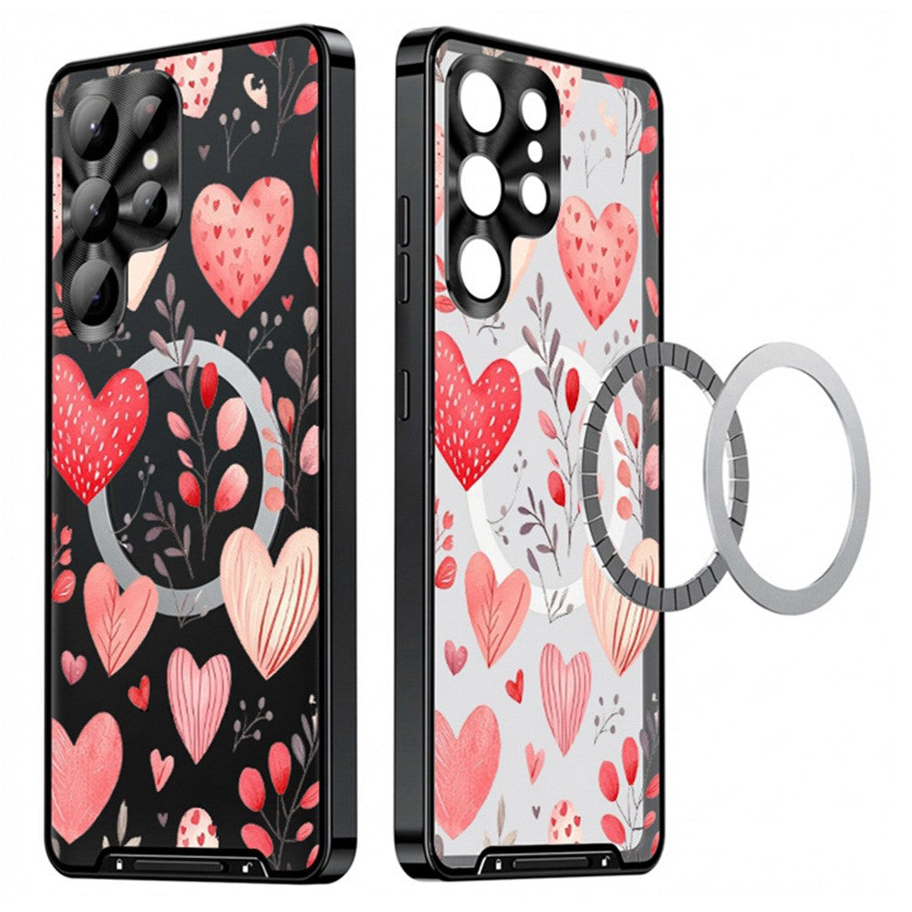 For Samsung Galaxy S25 Ultra Magnetic Case Heart Pattern PC + TPU Shockproof Phone Cover with Lens Film