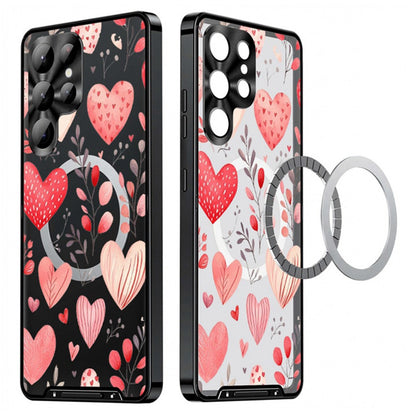 For Samsung Galaxy S25 Ultra Magnetic Case Heart Pattern PC + TPU Shockproof Phone Cover with Lens Film