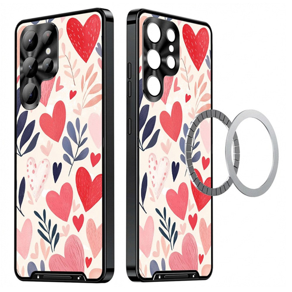 For Samsung Galaxy S25 Ultra Magnetic Case Heart Pattern PC + TPU Shockproof Phone Cover with Lens Film