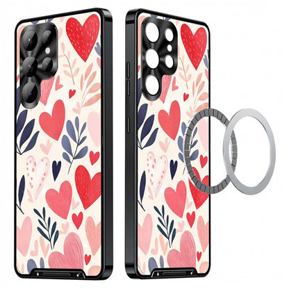For Samsung Galaxy S25 Ultra Magnetic Case Heart Pattern PC + TPU Shockproof Phone Cover with Lens Film