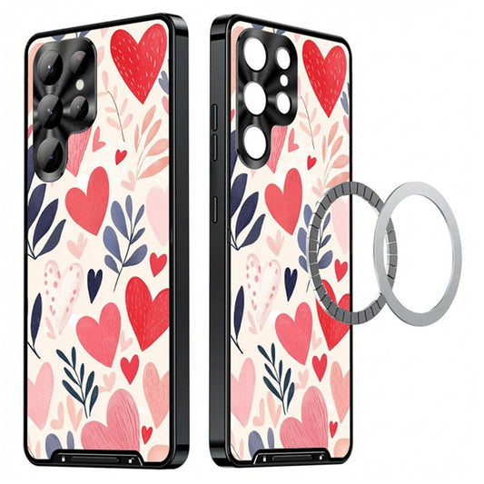 For Samsung Galaxy S25 Ultra Magnetic Case Heart Pattern PC + TPU Shockproof Phone Cover with Lens Film