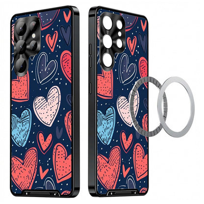 For Samsung Galaxy S25 Ultra Magnetic Case Heart Pattern PC + TPU Shockproof Phone Cover with Lens Film