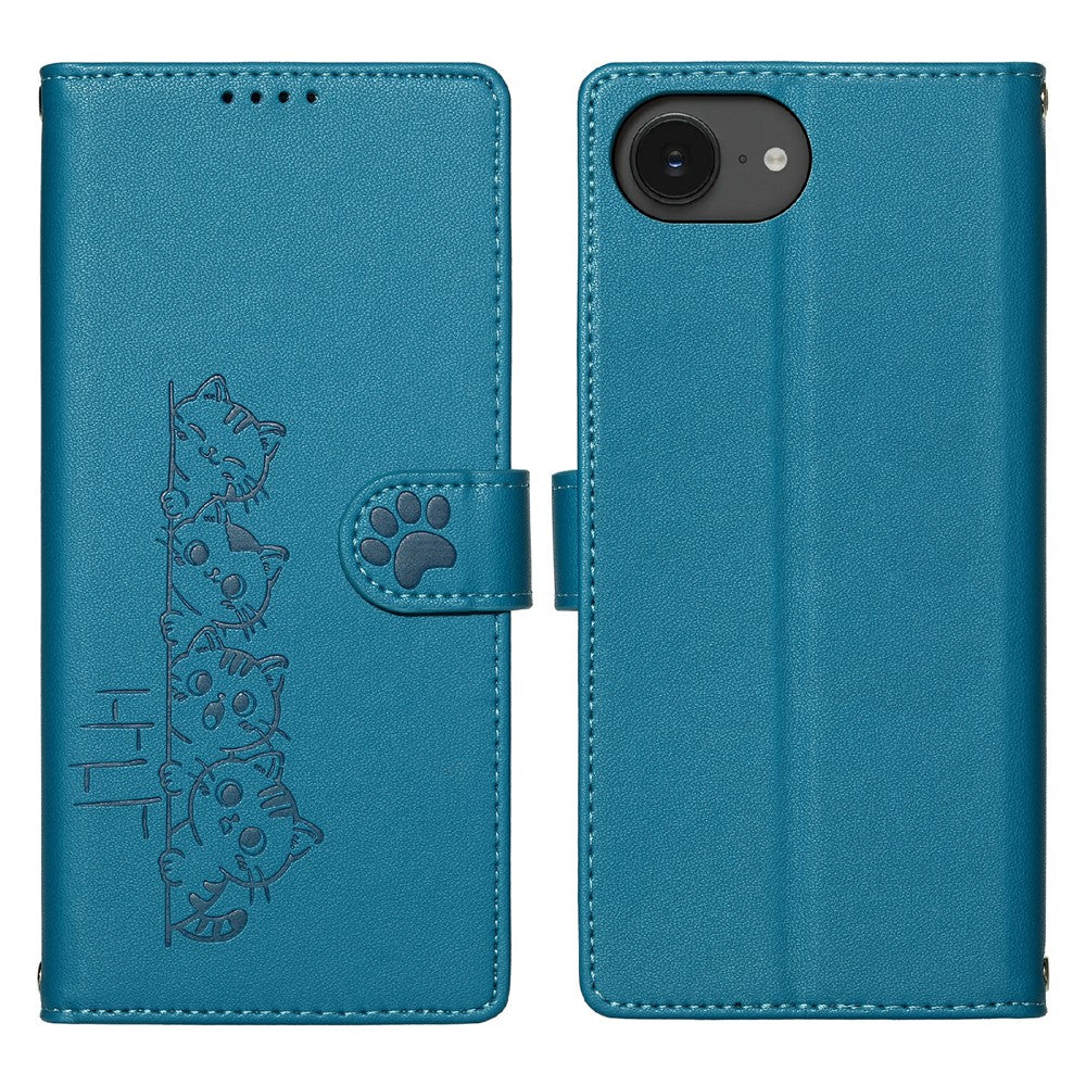 For iPhone 17e / 16e Case Adorable Cat Pattern PU Leather Wallet Phone Cover with Wrist Strap