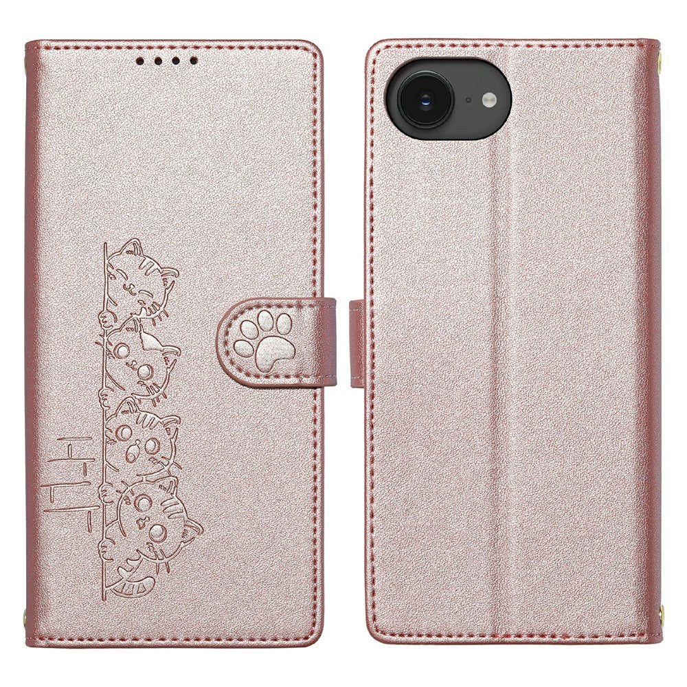 For iPhone 17e / 16e Case Adorable Cat Pattern PU Leather Wallet Phone Cover with Wrist Strap