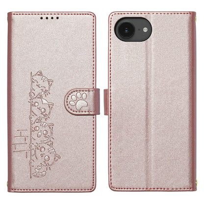 For iPhone 17e / 16e Case Adorable Cat Pattern PU Leather Wallet Phone Cover with Wrist Strap