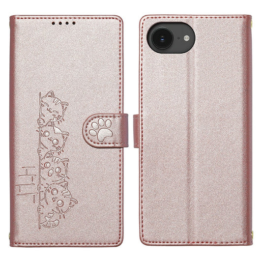 For iPhone 17e / 16e Case Adorable Cat Pattern PU Leather Wallet Phone Cover with Wrist Strap