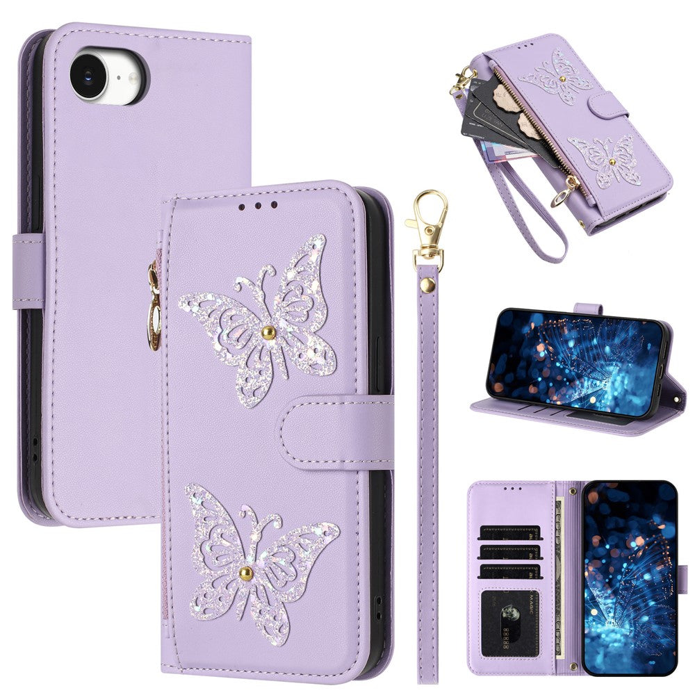 For iPhone 17e  /  16e Case Glitter Butterfly Zipper Pocket Stand Leather Phone Cover with Hand Strap / Shoulder Strap