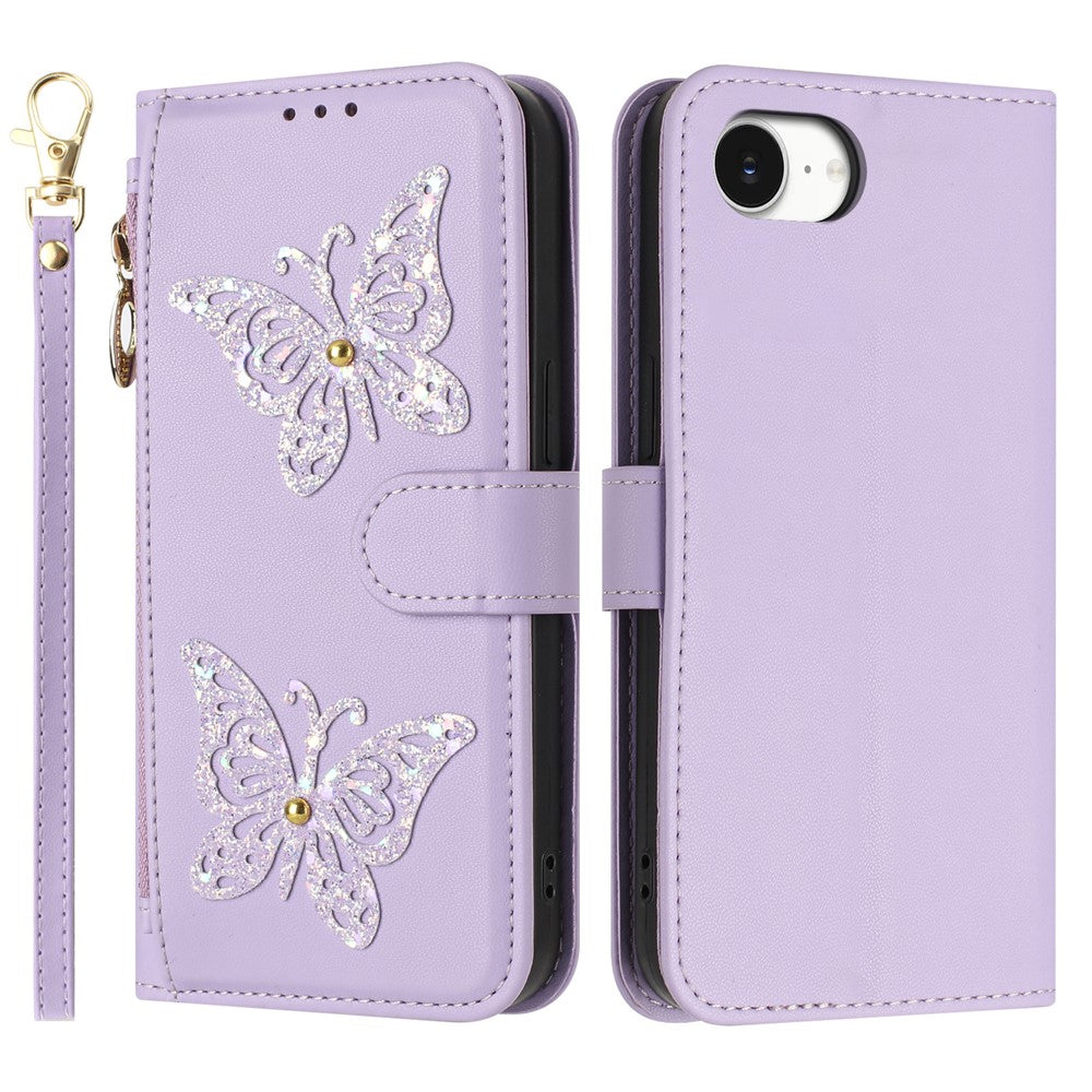 For iPhone 17e  /  16e Case Glitter Butterfly Zipper Pocket Stand Leather Phone Cover with Hand Strap / Shoulder Strap