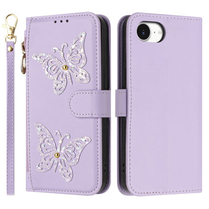 For iPhone 17e  /  16e Case Glitter Butterfly Zipper Pocket Stand Leather Phone Cover with Hand Strap / Shoulder Strap