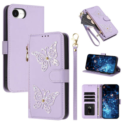 For iPhone 17e  /  16e Case Glitter Butterfly Zipper Pocket Stand Leather Phone Cover with Hand Strap / Shoulder Strap