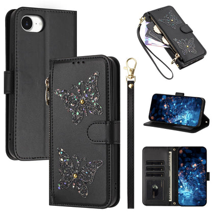 For iPhone 17e  /  16e Case Glitter Butterfly Zipper Pocket Stand Leather Phone Cover with Hand Strap / Shoulder Strap