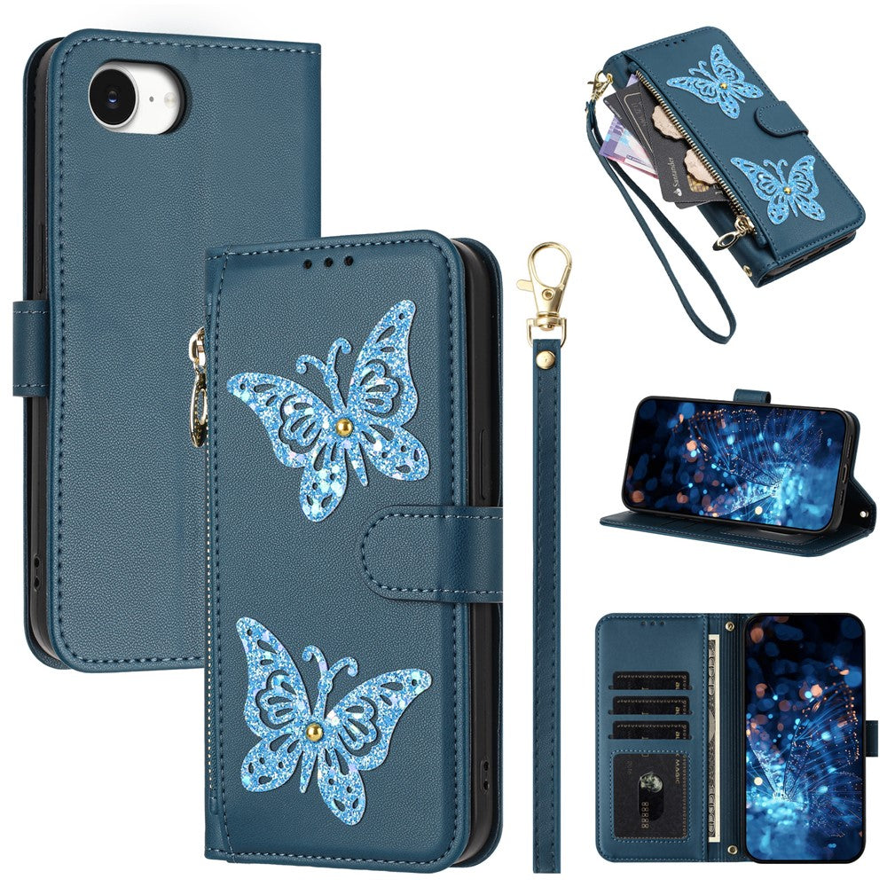 For iPhone 17e  /  16e Case Glitter Butterfly Zipper Pocket Stand Leather Phone Cover with Hand Strap / Shoulder Strap