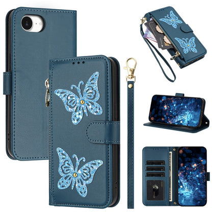For iPhone 17e  /  16e Case Glitter Butterfly Zipper Pocket Stand Leather Phone Cover with Hand Strap / Shoulder Strap