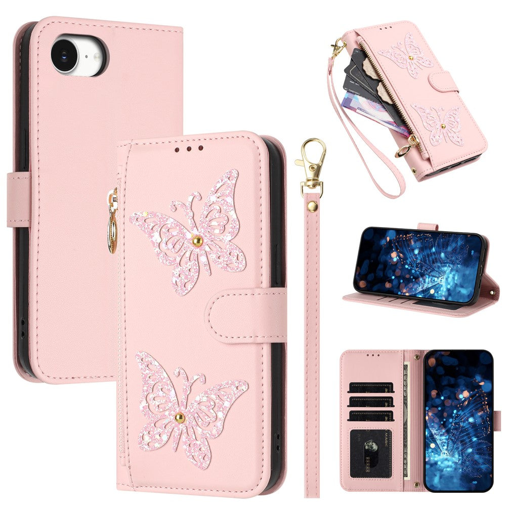 For iPhone 17e  /  16e Case Glitter Butterfly Zipper Pocket Stand Leather Phone Cover with Hand Strap / Shoulder Strap