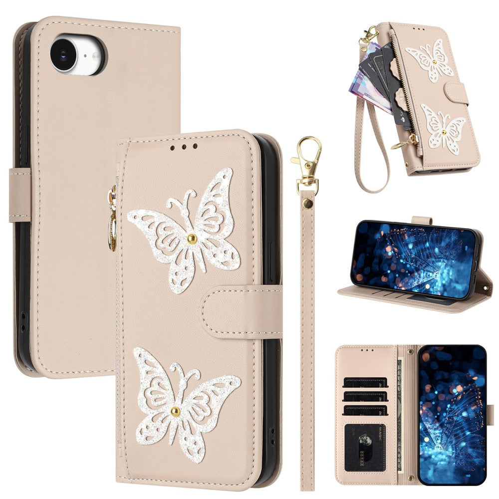 For iPhone 17e  /  16e Case Glitter Butterfly Zipper Pocket Stand Leather Phone Cover with Hand Strap / Shoulder Strap