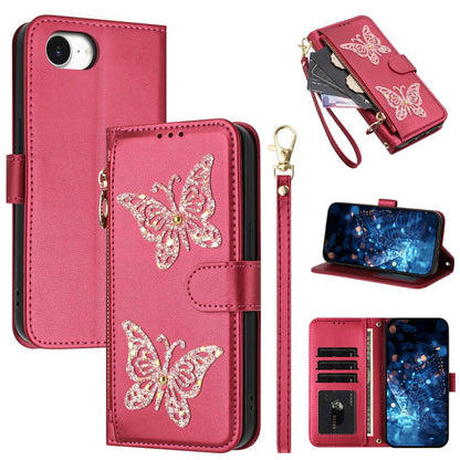 For iPhone 17e  /  16e Case Glitter Butterfly Zipper Pocket Stand Leather Phone Cover with Hand Strap / Shoulder Strap