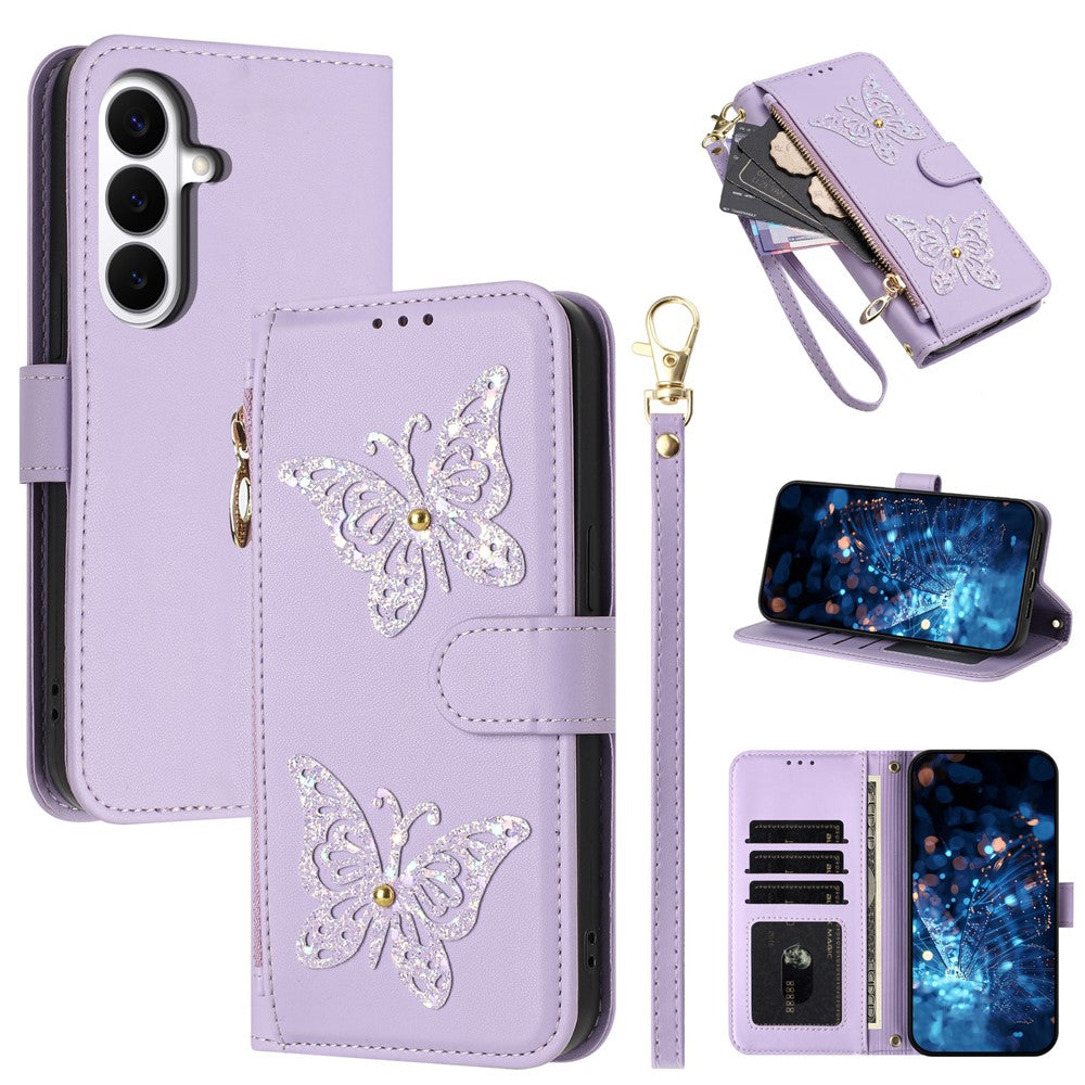 For Samsung Galaxy S26+ Case Glitter Butterfly Zipper Pocket Stand Leather Phone Cover with Hand Strap / Shoulder Strap