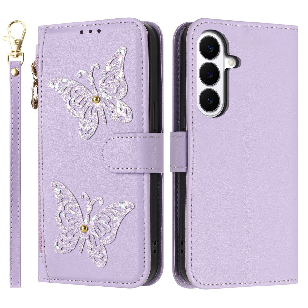 For Samsung Galaxy S26+ Case Glitter Butterfly Zipper Pocket Stand Leather Phone Cover with Hand Strap / Shoulder Strap