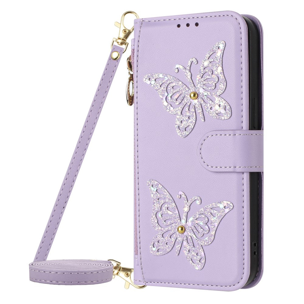 For Samsung Galaxy S26+ Case Glitter Butterfly Zipper Pocket Stand Leather Phone Cover with Hand Strap / Shoulder Strap