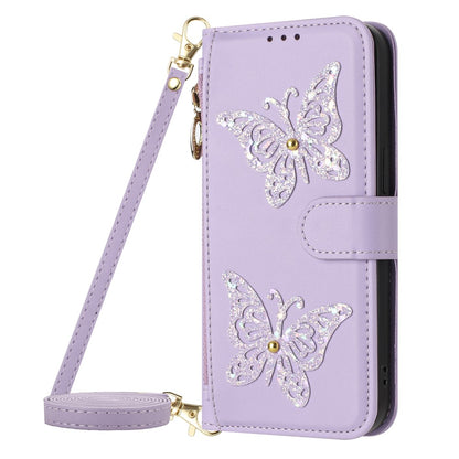 For Samsung Galaxy S26+ Case Glitter Butterfly Zipper Pocket Stand Leather Phone Cover with Hand Strap / Shoulder Strap