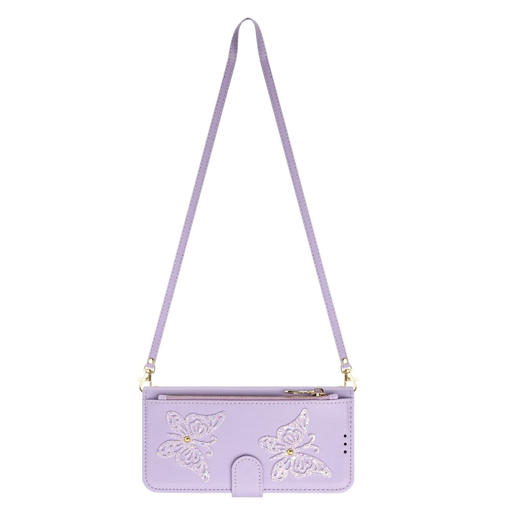 For Samsung Galaxy S26+ Case Glitter Butterfly Zipper Pocket Stand Leather Phone Cover with Hand Strap / Shoulder Strap