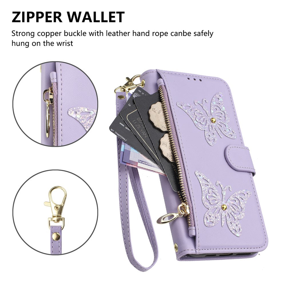 For Samsung Galaxy S26+ Case Glitter Butterfly Zipper Pocket Stand Leather Phone Cover with Hand Strap / Shoulder Strap