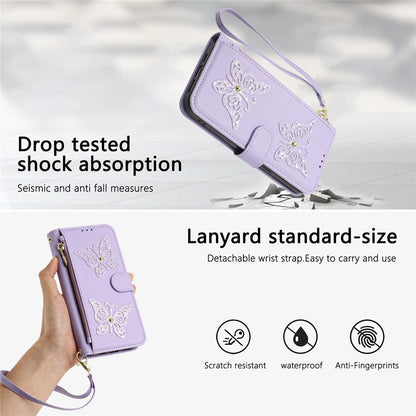 For Samsung Galaxy S26+ Case Glitter Butterfly Zipper Pocket Stand Leather Phone Cover with Hand Strap / Shoulder Strap