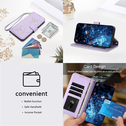 For Samsung Galaxy S26+ Case Glitter Butterfly Zipper Pocket Stand Leather Phone Cover with Hand Strap / Shoulder Strap