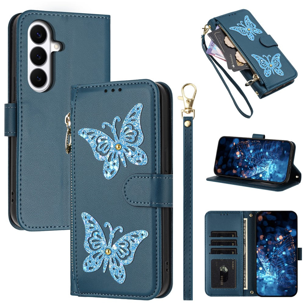 For Samsung Galaxy S26+ Case Glitter Butterfly Zipper Pocket Stand Leather Phone Cover with Hand Strap / Shoulder Strap