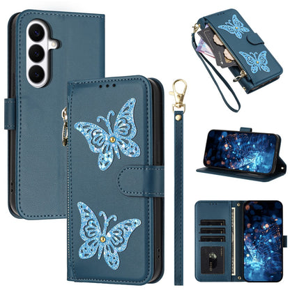 For Samsung Galaxy S26+ Case Glitter Butterfly Zipper Pocket Stand Leather Phone Cover with Hand Strap / Shoulder Strap