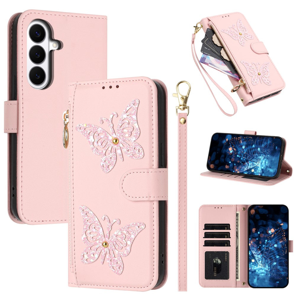 For Samsung Galaxy S26+ Case Glitter Butterfly Zipper Pocket Stand Leather Phone Cover with Hand Strap / Shoulder Strap