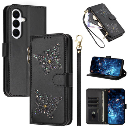 For Samsung Galaxy S26+ Case Glitter Butterfly Zipper Pocket Stand Leather Phone Cover with Hand Strap / Shoulder Strap