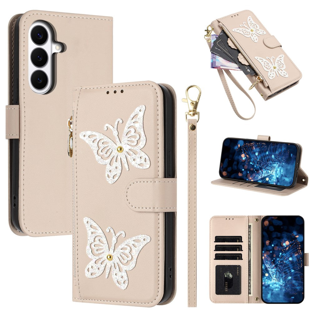 For Samsung Galaxy S26+ Case Glitter Butterfly Zipper Pocket Stand Leather Phone Cover with Hand Strap / Shoulder Strap