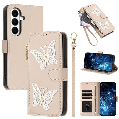 For Samsung Galaxy S26+ Case Glitter Butterfly Zipper Pocket Stand Leather Phone Cover with Hand Strap / Shoulder Strap