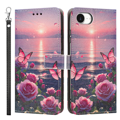 For iPhone 16e / iPhone 17e Case Pattern Printing PU Leather Flip Wallet Phone Cover with Wrist Strap
