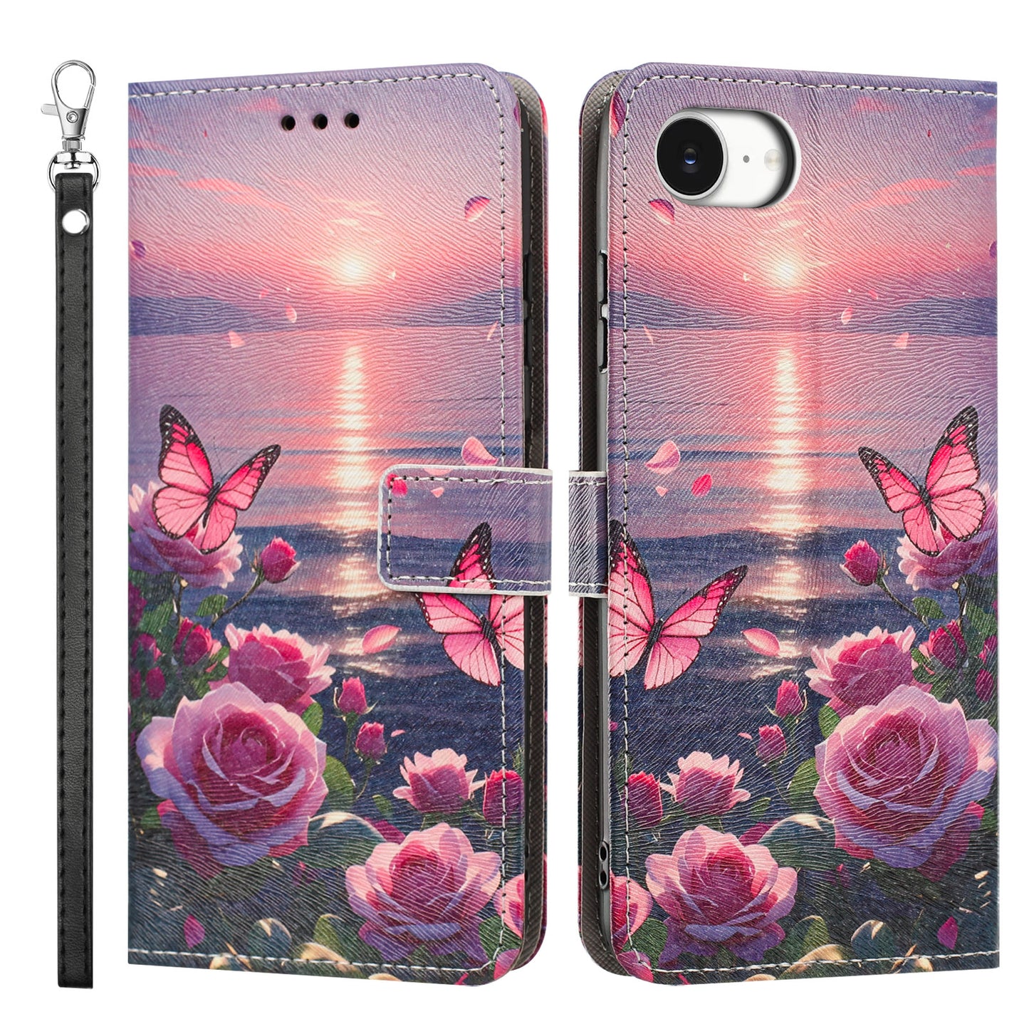 For iPhone 16e / iPhone 17e Case Pattern Printing PU Leather Flip Wallet Phone Cover with Wrist Strap