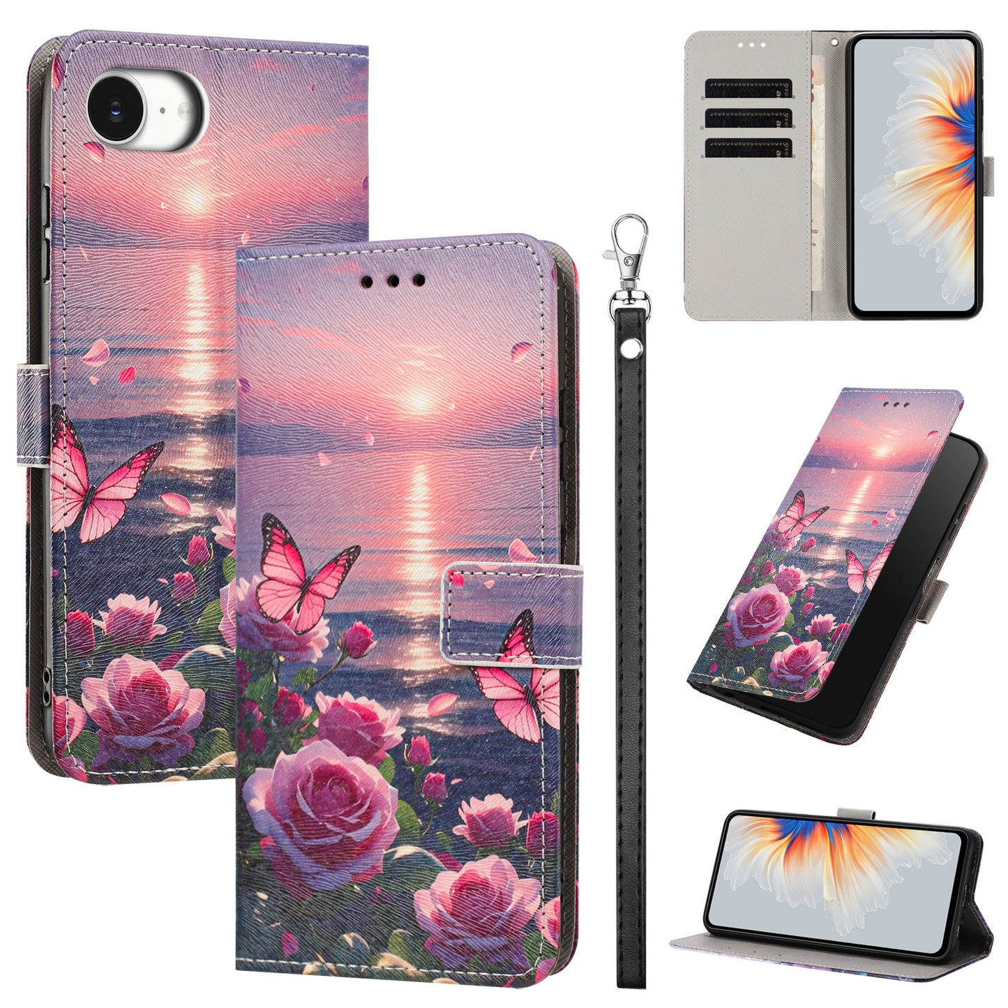 For iPhone 16e / iPhone 17e Case Pattern Printing PU Leather Flip Wallet Phone Cover with Wrist Strap