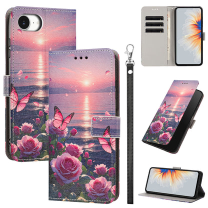 For iPhone 16e / iPhone 17e Case Pattern Printing PU Leather Flip Wallet Phone Cover with Wrist Strap