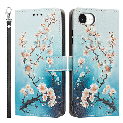 For iPhone 16e / iPhone 17e Case Pattern Printing PU Leather Flip Wallet Phone Cover with Wrist Strap